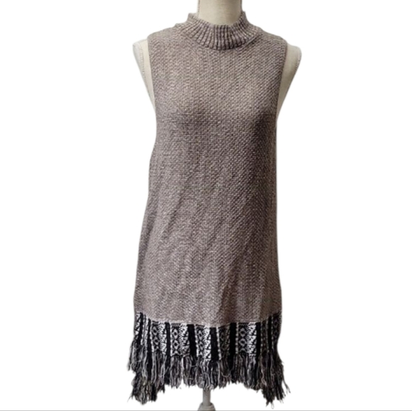 New Directions Soft Brown Mock Turtleneck Sweater Dress with Fringe - Picture 1 of 4